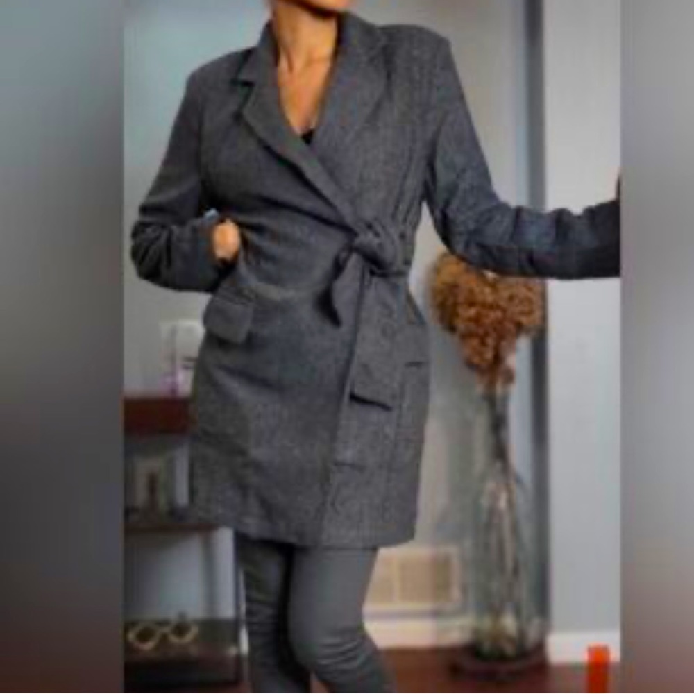 Thakoon NWT size Small black/grey herringbone wrap tie jacket